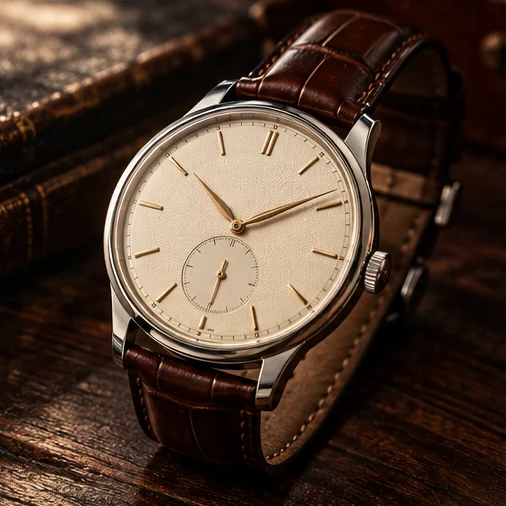 Illustrative vintage-style dress watch on a dark workbench
