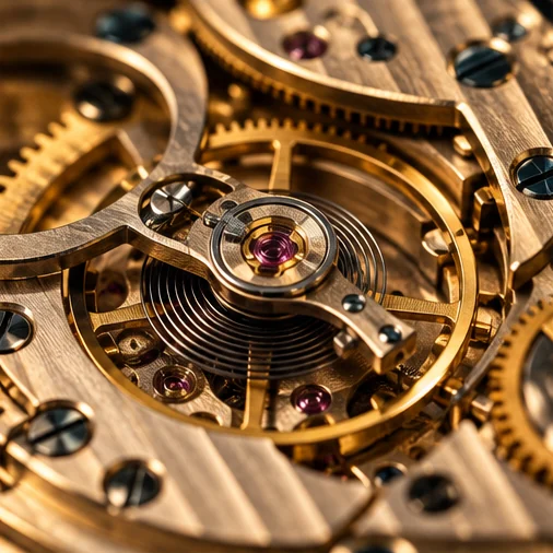 Intricate illustrative watch movement and balance wheel